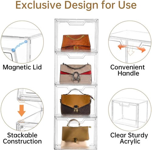 Freebat Stackable Storage Bins - Clear Acrylic Display Cases | 5-Pack for Handbags & Collectibles