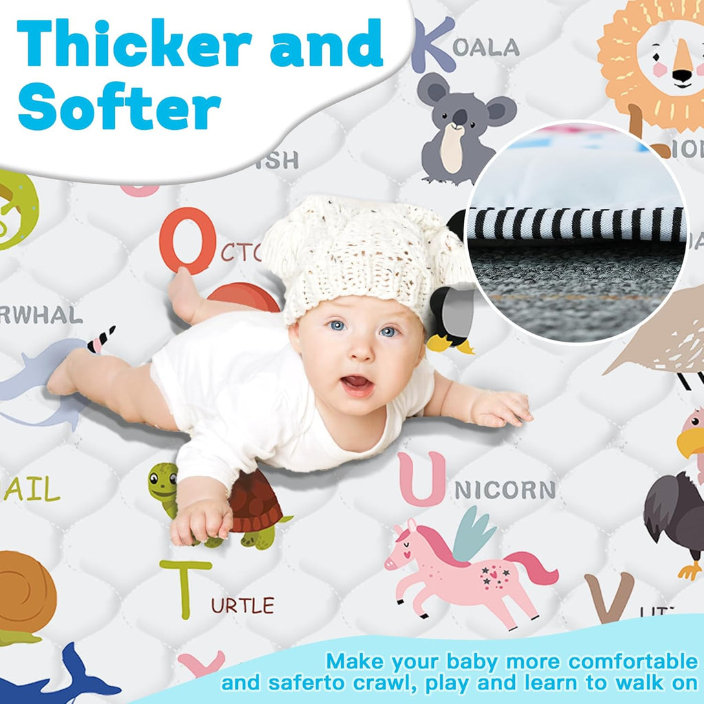 Skiennix Baby Play Mat - Thick Soft Non-Slip Crawling Mat | 50" x 50" Machine Washable, Animal Alphabet-A