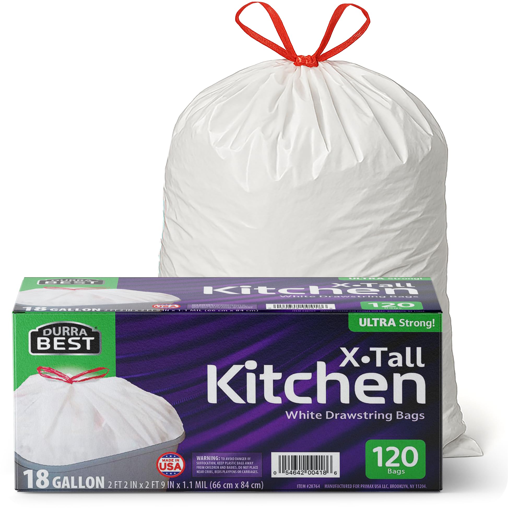 Heavy-Duty Trash Bags – 120 count, 18 Gallon White, Ultra Thick Drawstring Garbage Bags – Leak-Resistant for Home & Commercial Use, Big Trash Bags, Made in USA