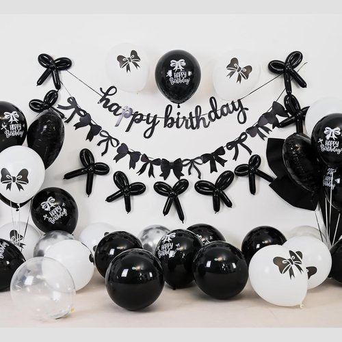Bow Coquette Birthday Decorations - Black & Silver Party Set with Happy Birthday Banner & Heart Foil Balloons
