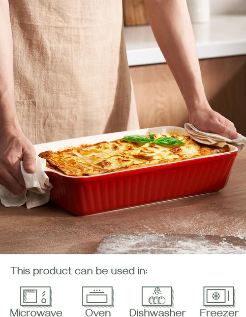 DOWAN 9x13-Inch Deep Casserole Baking Dish - 135 oz Ceramic Pan with Handles, Oven Safe, Red