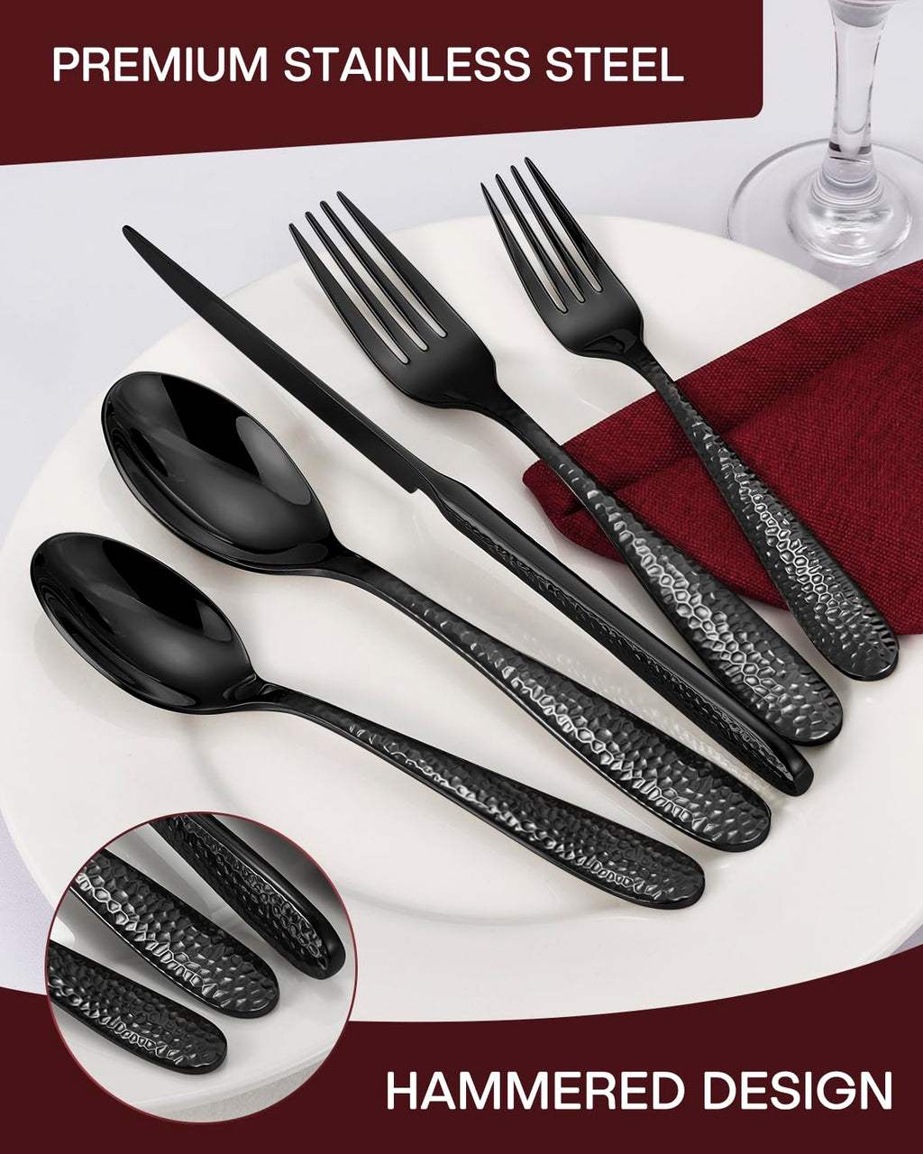 Hammered Black Silverware Set, EUIRIO 30-Piece Cutlery Set for 6, Heavy Duty Stainless Steel Flatware Set, Food-Grade Utensil Sets Includes Spoons Forks and Knives, Mirror Finish Dishwasher Safe