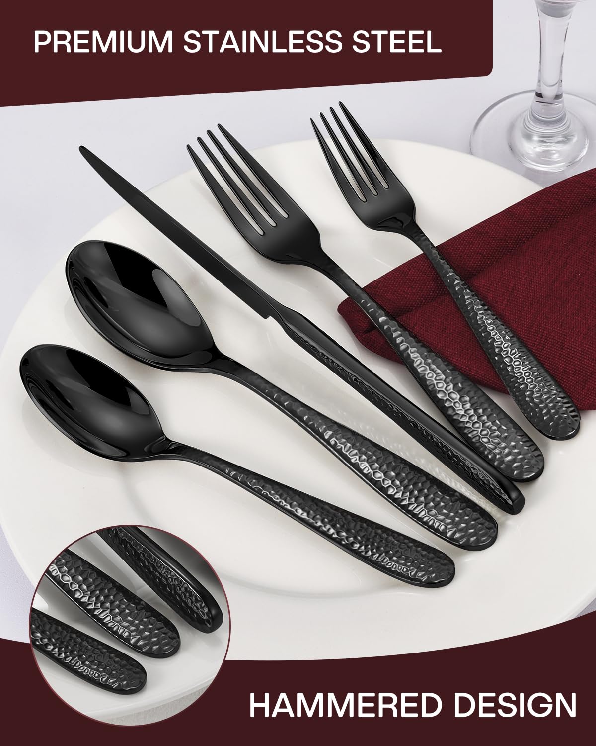 Hammered Black Silverware Set, EUIRIO 30-Piece Cutlery Set for 6, Heavy Duty Stainless Steel Flatware Set, Food-Grade Utensil Sets Includes Spoons Forks and Knives, Mirror Finish Dishwasher Safe