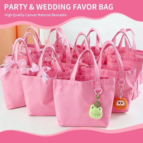 KIDJFGG 1 Pack Small Canvas Tote Bag, Mini Totes Bags Bulk for Women, DIY Blank Reusable Cute Sublimation Tote Bag with Handles & D Ring for Party Favors, Wedding Gifts & Mother's Days (Pink)