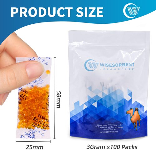 Wisesorb 3g 100Pcs Silica Gel Orange Indicating (Orange to Green) Silica Gel Packets Food Grade Desiccant Packs Dehumidifier - Silica Packets, Moisture Absorbers