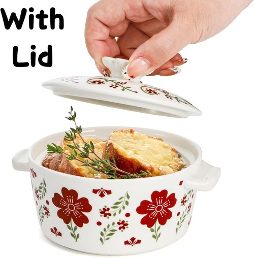 Coloch Mini Cocotte Set - 4 Pack 8 Oz Ceramic Ramekins with Lids | Oven Safe Red Casserole Dishes