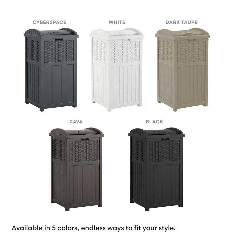 Suncast 33 Gallon Wicker-Style Trash Can - Secure Latching Lid & Weather-Resistant Design | Cyberspace Grey