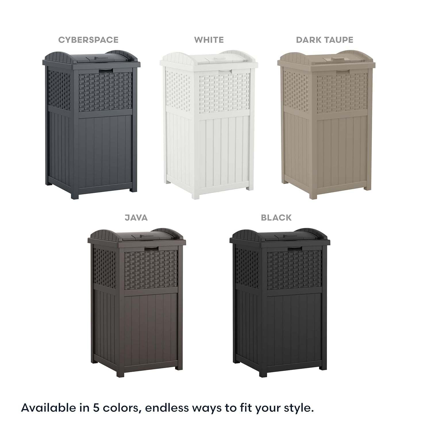 Suncast 33 Gallon Wicker-Style Trash Can - Secure Latching Lid & Weather-Resistant Design | Cyberspace Grey