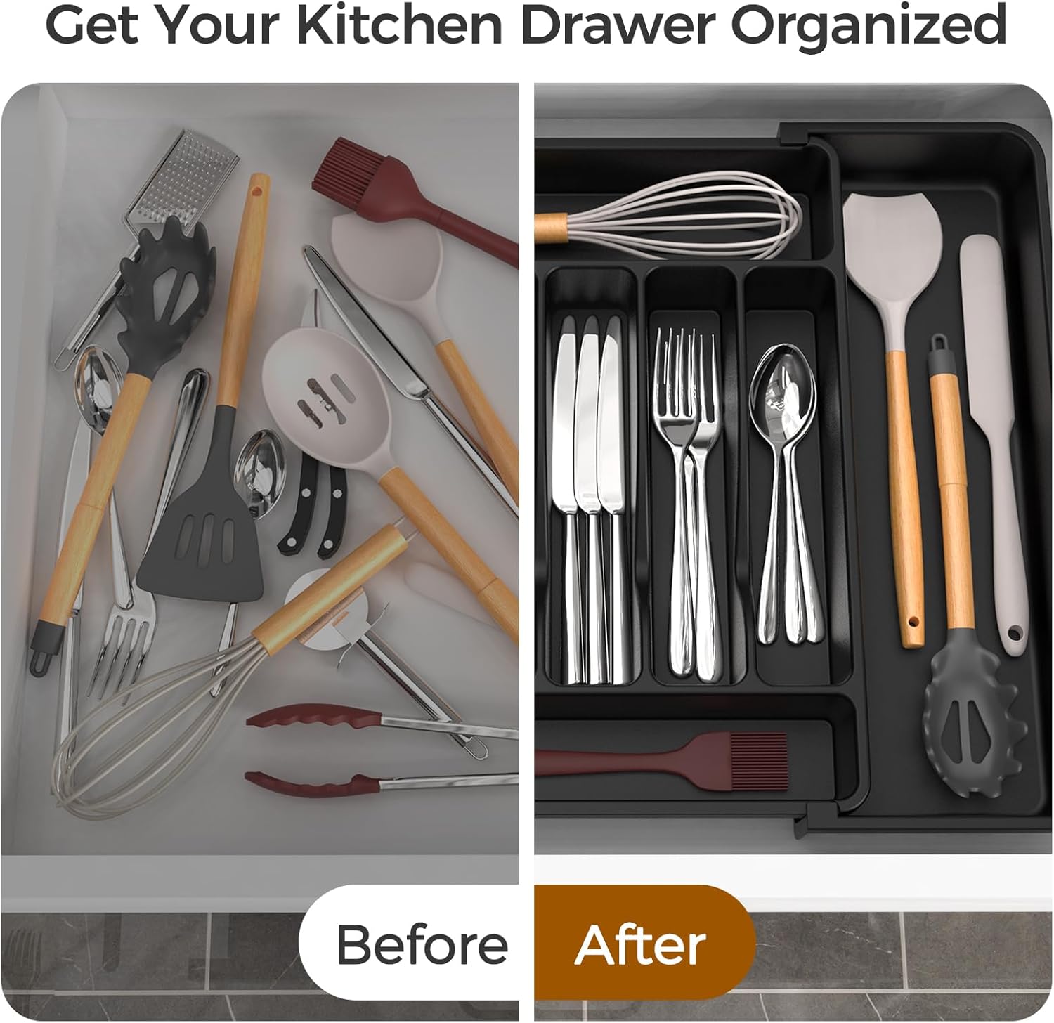 Ukeetap Extra Large Expandable Silverware Organizer - BPA-Free Cutlery Holder for Kitchen Drawers | Black