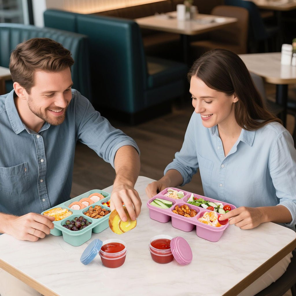 Caperci Bento Box Adult Lunchable Container - Reusable 3-Pack Snack Box Containers with 5-Compartment & 3pc Dressing Cups, BPA-Free Food Storage for Meal Prep, School, Work (Dark & Clear Lids)