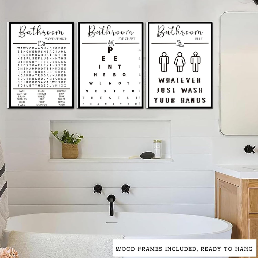 Skiennix Framed Funny Bathroom Wall Art - Black & White Word Search Pee Eye Chart | 12x16 Inches, Set of 3