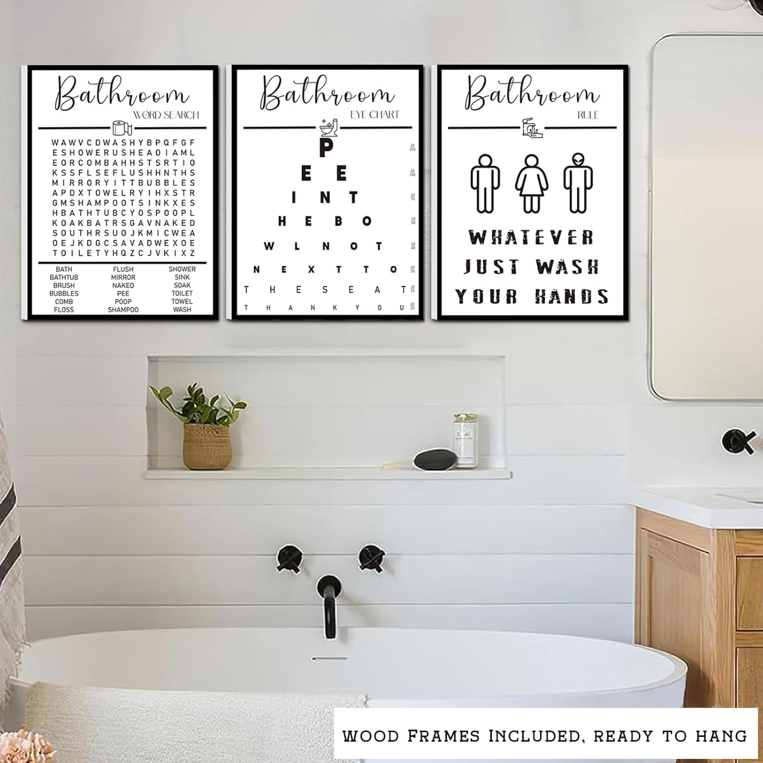 Skiennix Framed Funny Bathroom Wall Art - Black & White Word Search Pee Eye Chart | 12x16 Inches, Set of 3