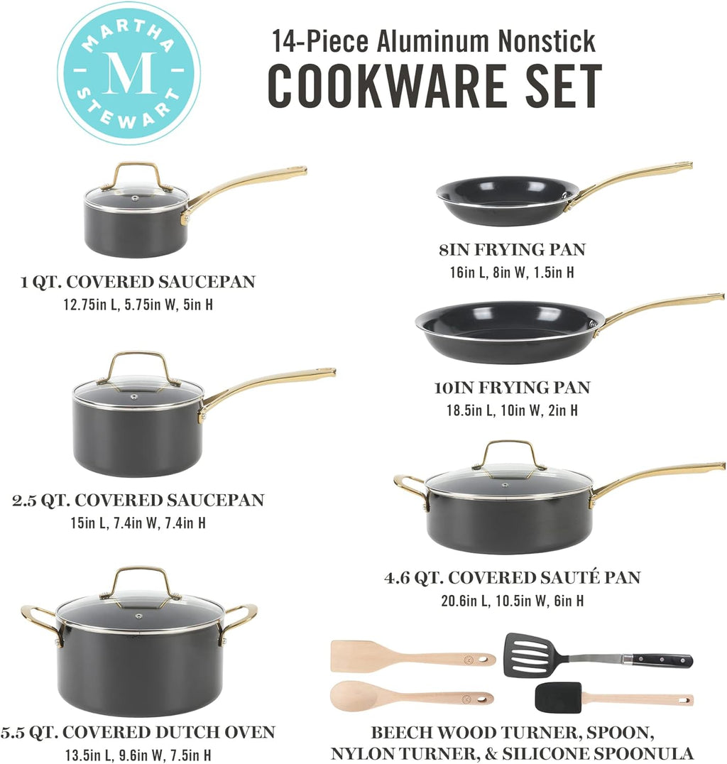 Martha Stewart Lockton 14-Piece Non-Stick Cookware Set - Heavy-Gauge Aluminum in Black with Gold Handles