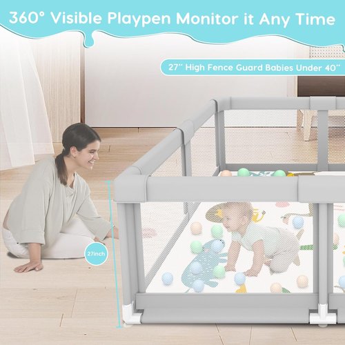 Fshibila Baby Playpen - Sturdy Indoor & Outdoor Safety Play Yard with Soft Mesh - 50" x 50" x 27" Grey