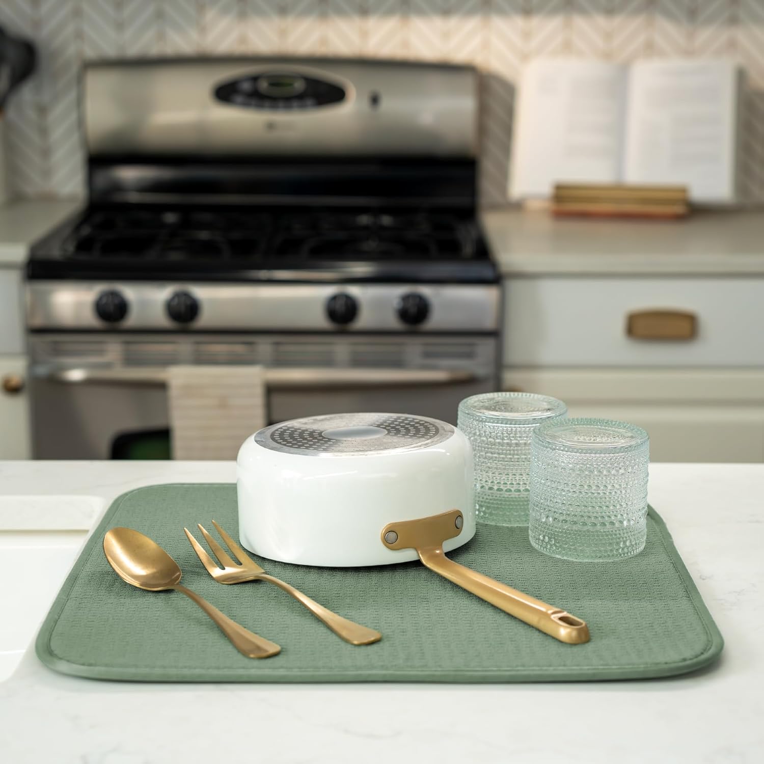 S&T INC. Dish Drying Mat - Absorbent Microfiber Kitchen Counter Pad | 16” x 18”, Large, Sage Green