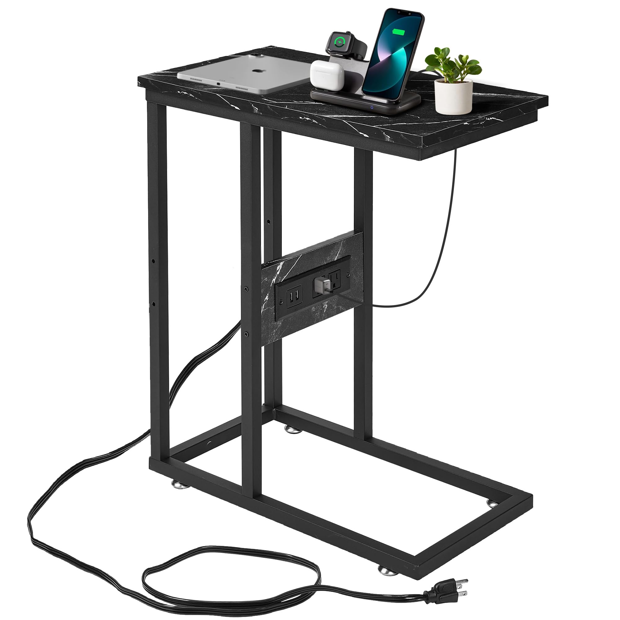 VECELO C-Shaped End Side Table with Charging Station & 2 USB Ports and Outlets for Living Room, Bedroom, with Adjustable Feet for Couch Sofa, Bedside, Small Spaces， Black Marble