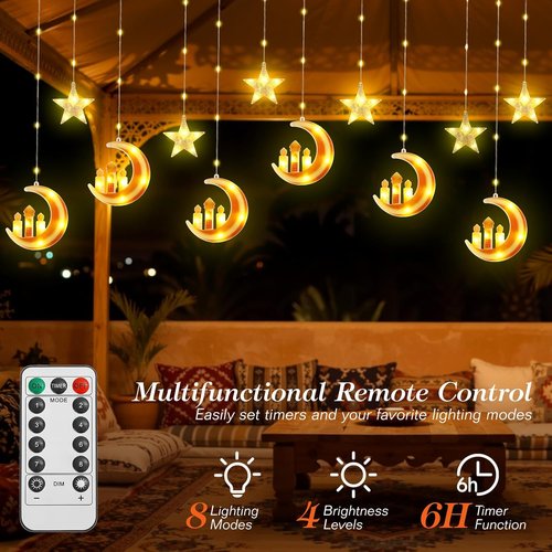 Lewondr Curtain String Lights - 138 LED Moon & Star Fairy Lights with Remote Control | USB Powered, 8 Modes, Orange