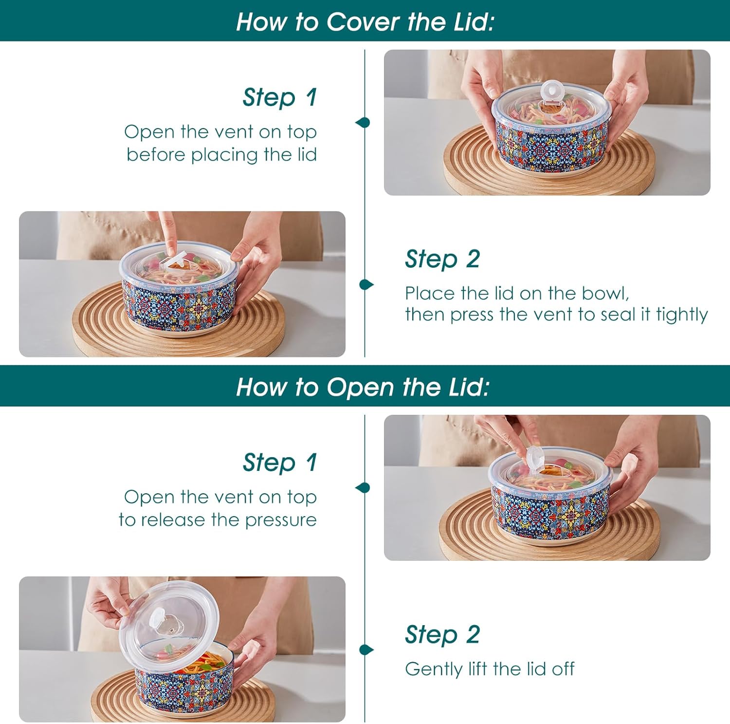 Vancasso Serving Bowls Set of 4 - Ceramic Nesting Mixing Bowls with Lids | Dishwasher & Microwave Safe, 60/36/20/10 OZ