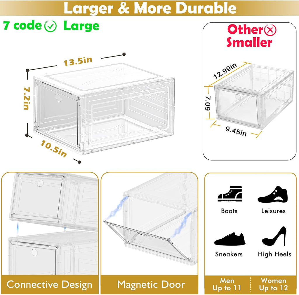 Skiennix Clear Shoe Storage Organizer - Sturdy Stackable Boxes with Magnetic Door | 6 Pack, White