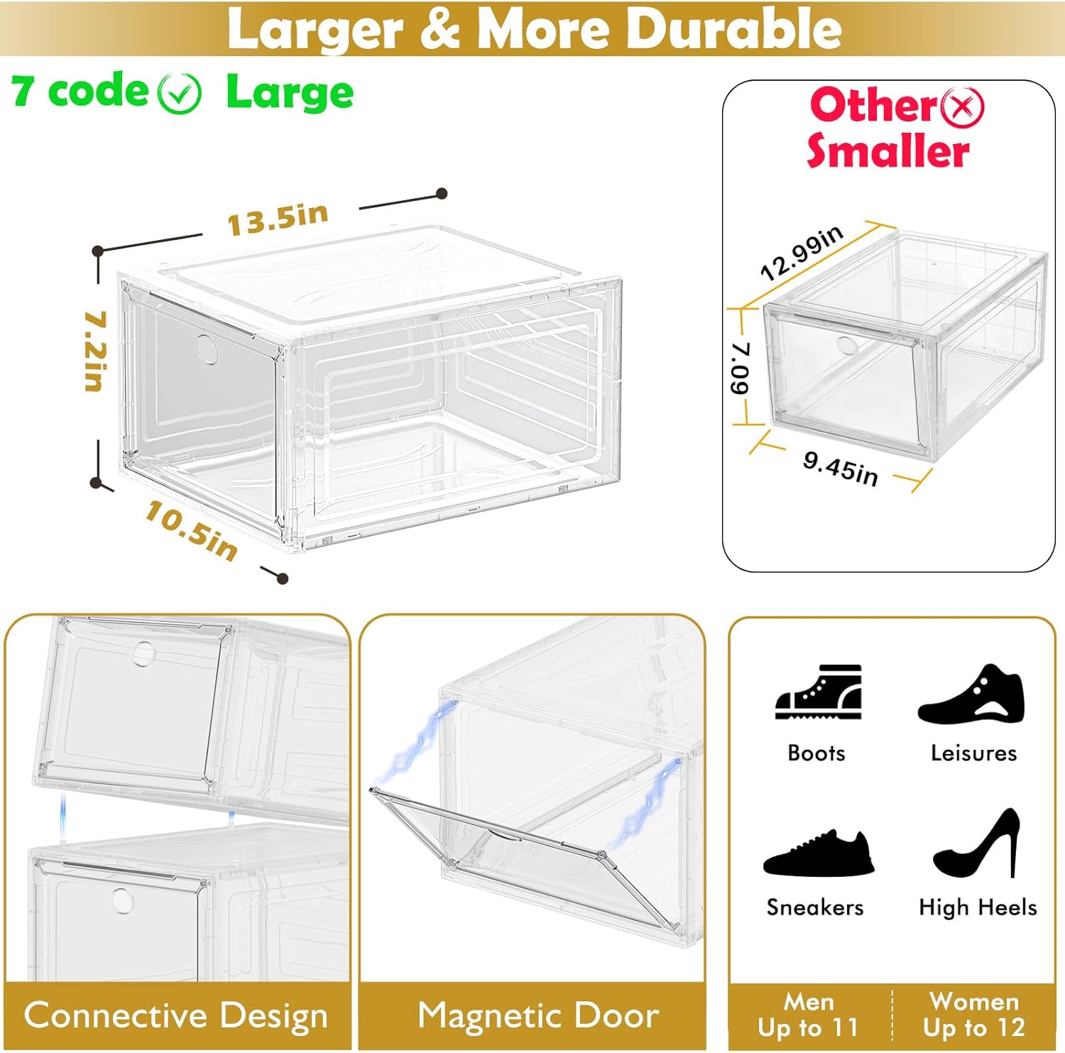 Skiennix Clear Shoe Storage Organizer - Sturdy Stackable Boxes with Magnetic Door | 6 Pack, White