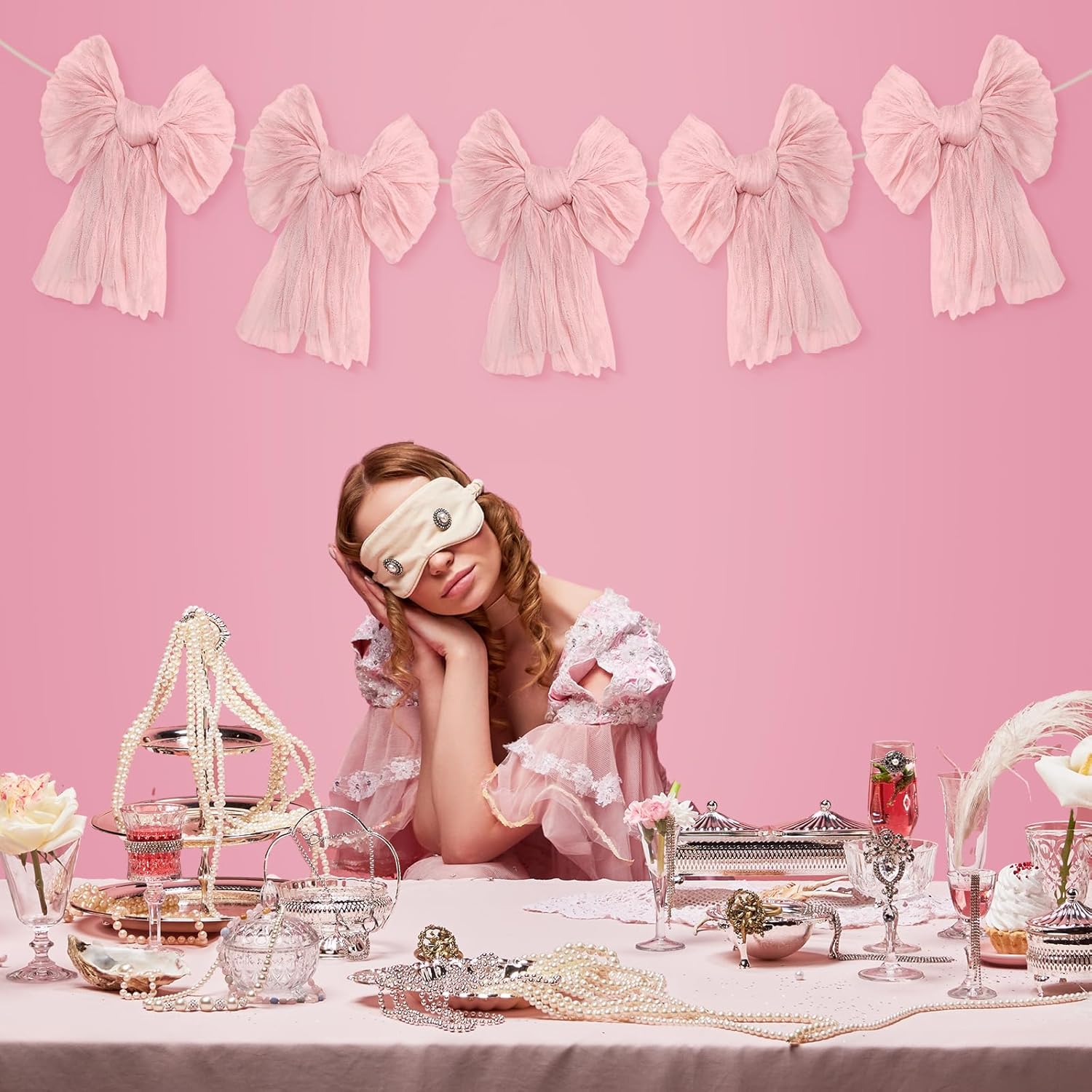 VitalCozy Pink Bow Garland Banner - Elegant Hanging Decorations for Birthday & Baby Showers