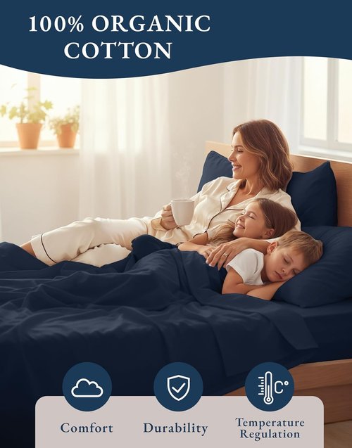Lane Linen 100% Organic Cotton Mercerized Twin XL Sheet Set - Luxury Hotel Quality, Navy Color
