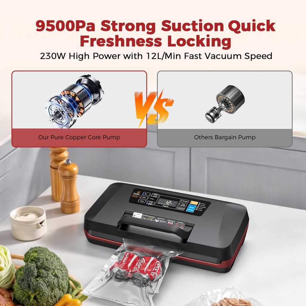 95KPa Vacuum Sealer Machine for Food, Automatic with Dual 12mm Heat Seal, 10-in-1 Modes, Built-in Cutter & Bag Storage, Includes 1 Roll and 10 Pre-Cut Bags