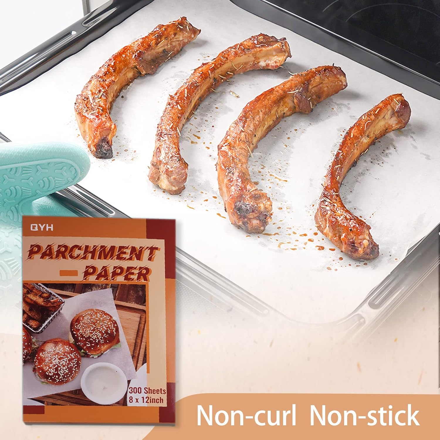 QYH Parchment Paper Baking Sheets - 300 Non-Stick Pre-Cut 8x12 Inch White Sheets for Baking & Grilling