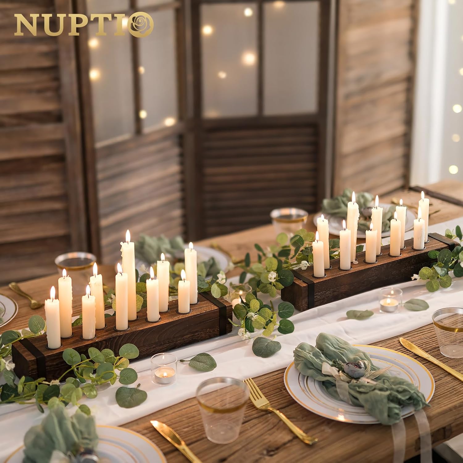 NUPTIO Wood Candelabra - 16.5-Inch Taper Candle Holder for Farmhouse Table Centerpiece | Perfect for Christmas Decor