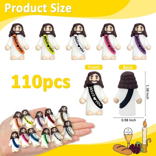 Little Jesus Figures Bulk - 110 Mini Jesus Loves You Figurines for Easter, Baptism & Party Favors | 11 Colors