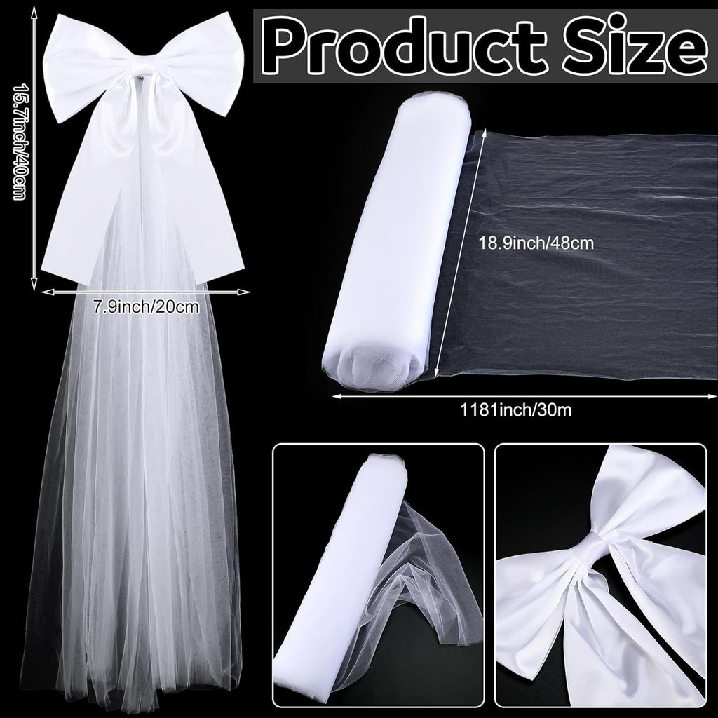 Skiennix Large White Wedding Pew Bows - 12 Pcs Satin Bows with Tulle Aisle Decor | 15.7 x 7.9 in