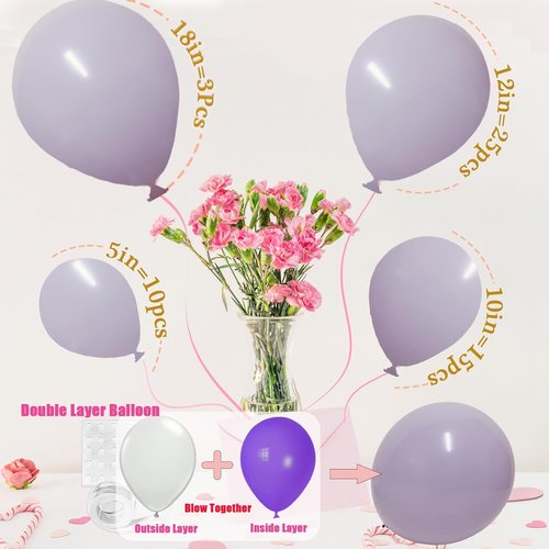Light Purple Balloons - Double Stuffed Pastel Macaron Lavender | 5-18 Inch Sizes for Boho Party, Baby Shower, Birthday, Weddings