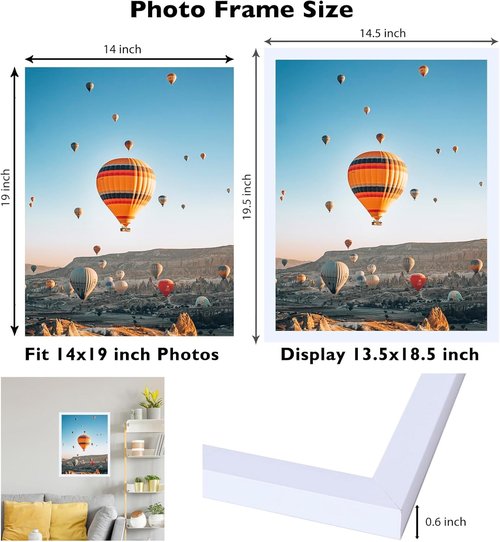 JCJMY 14x19 Picture Frame - White Wall Mount for Horizontal or Vertical Display | Durable Plexiglass