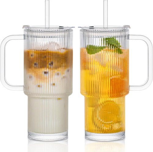 INSETLAN 24oz Glass Tumbler Set - Ribbed Design with Handle & Lid | Perfect for Iced Coffee, Smoothies & More