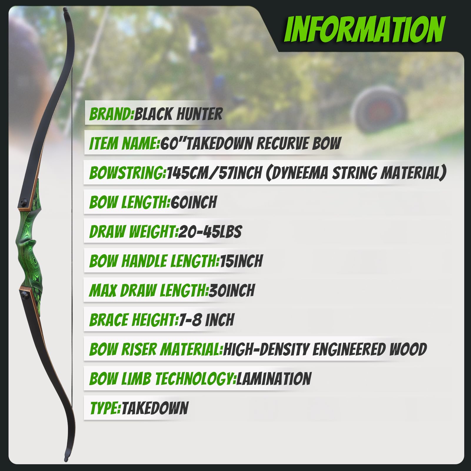 Black Hunter 60" Takedown Archery Recurve Bows for Adults Solid Wood Bow Riser and Glass Fiber Bamboo Maple Laminated Bow Limbs 20-60lbs Hunting Bows for Men and Women Right Hand Recurve Bow Set