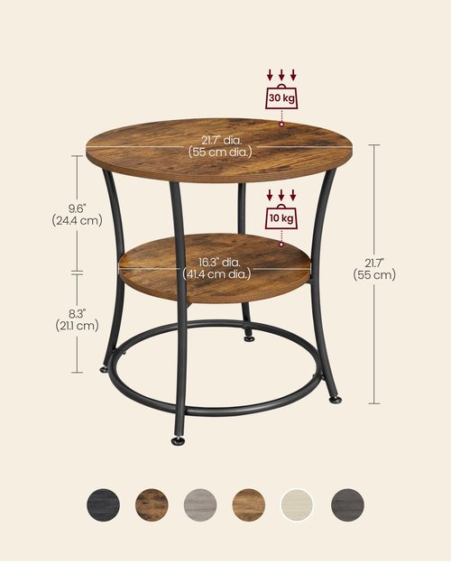 VASAGLE 21.7-Inch Round Side Table, 2-Tier End Table, Nightstand with Steel Frame, Spacious Top, for Small Spaces, Living Room, Bedroom, Rustic Brown and Ink Black ULET56BX