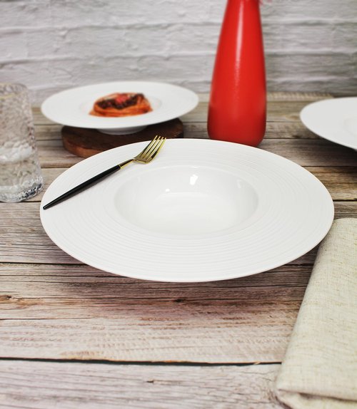Creativity Home Ceramic Wide Rimmed Soup Plate, Soup Bowl 12 oz, Pasta Bowl Set of 4, White Shallow Bowl Plate with Rim, Best choice for high-end restaurants, hotels, and foodies,11.4 Inch Coil relief