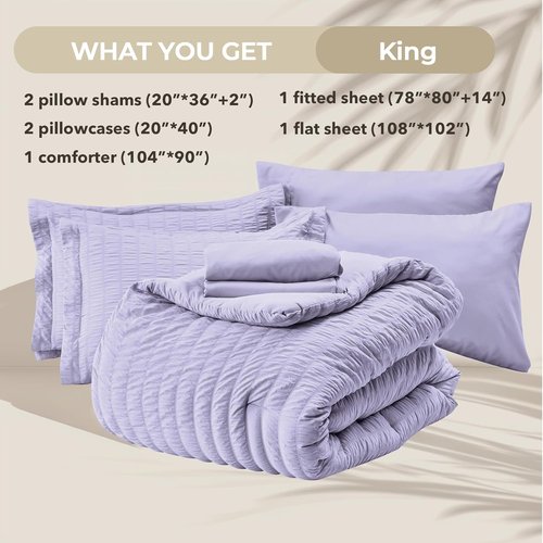 HYMOKEGE King Size Comforter Set - Light Purple Seersucker 7-Piece Luxury Bedding Set