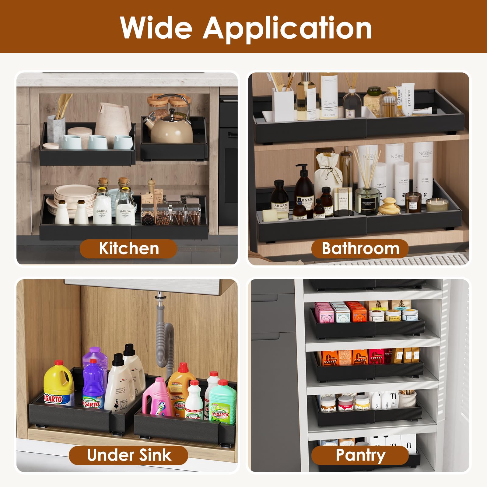 Landmok 2 Pack Expandable Pull Out Cabinet Organizer 16.5" Deep, Adjustable Width 12.6"-20.5", No Drill Adhesive with Triple Track Rails, Heavy Duty Slide Out Drawers for Kitchen,Pantry,Cabinets,Black