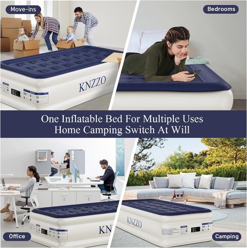 KNZZO Twin Air Mattress - Built-In Pump, Soft Flocked Top, Waterproof & Leakproof for Home or Camping