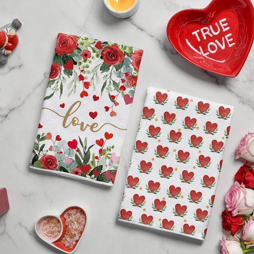 Artoid Mode Rose Floral Love Heart Garland Valentine's Kitchen Towels Dish Towels, 18x26 Inch Anniversary Wedding Decoration Cleaning Set of 4