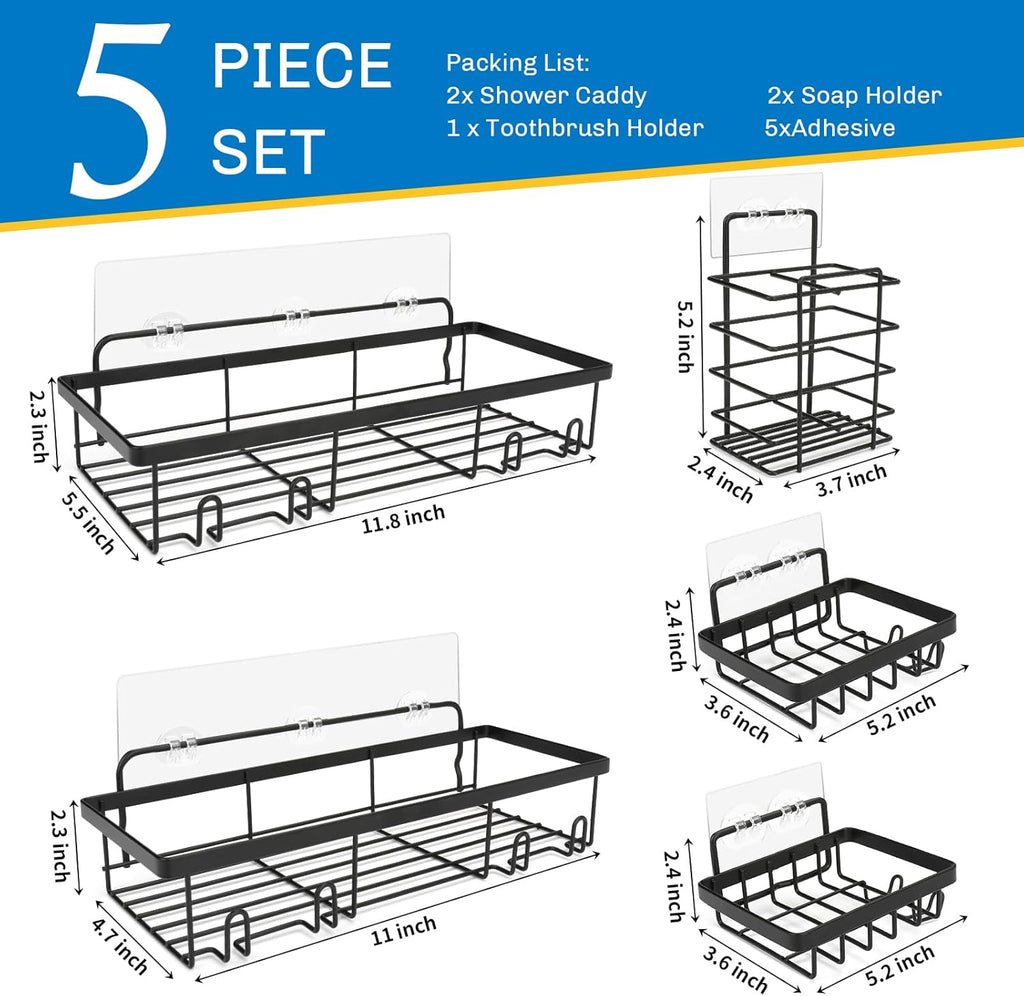 Skiennix Shower Caddy - 5 Pack Adhesive Organizer for Bathroom & Kitchen | No Drilling, Rustproof Design
