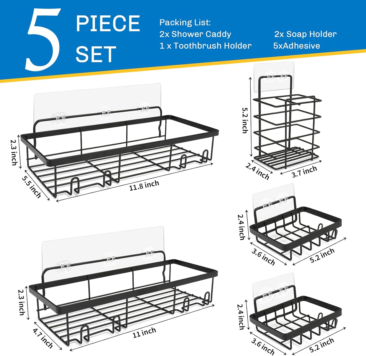 Skiennix Shower Caddy - 5 Pack Adhesive Organizer for Bathroom & Kitchen | No Drilling, Rustproof Design