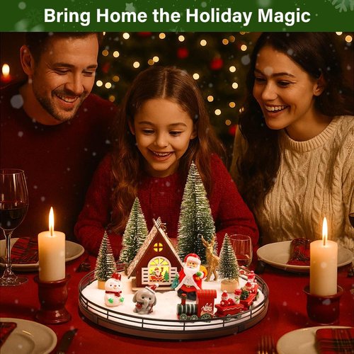 AMH Christmas Table Decorations Set - 12 PCS Oak Rotating Base with Santa, Train, House & Trees