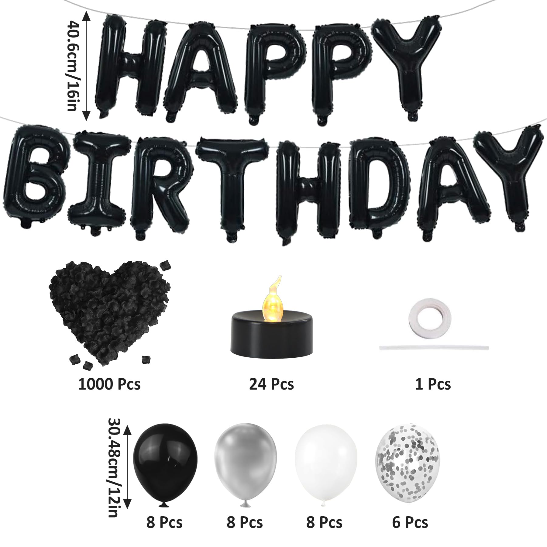Birthday Decorations for Men - Black and Silver Birthday Decorations Include Letter Balloon Banner & Balloons & 1000 PCS Rose Petals & 24 Pack LED Tealight Candle, Black and Silver Party Supplies