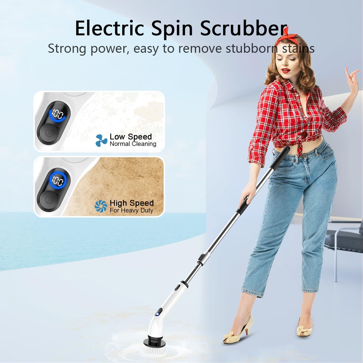 TUYU Electric Spin Scrubber - Cordless Waterproof Bathroom Cleaner with LCD Display & Adjustable Handle