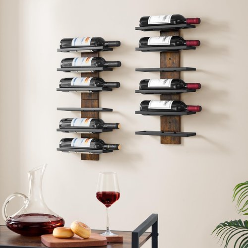 Hoctieon 2-Set 6 Tier Wall Mount Wine Rack, Wall Mounted Wine Bottle Racks for Display and Storage, Hanging Bottle Holder, for Living Room, Dining Room, Bar, Wine Cellar, Rustic Brown