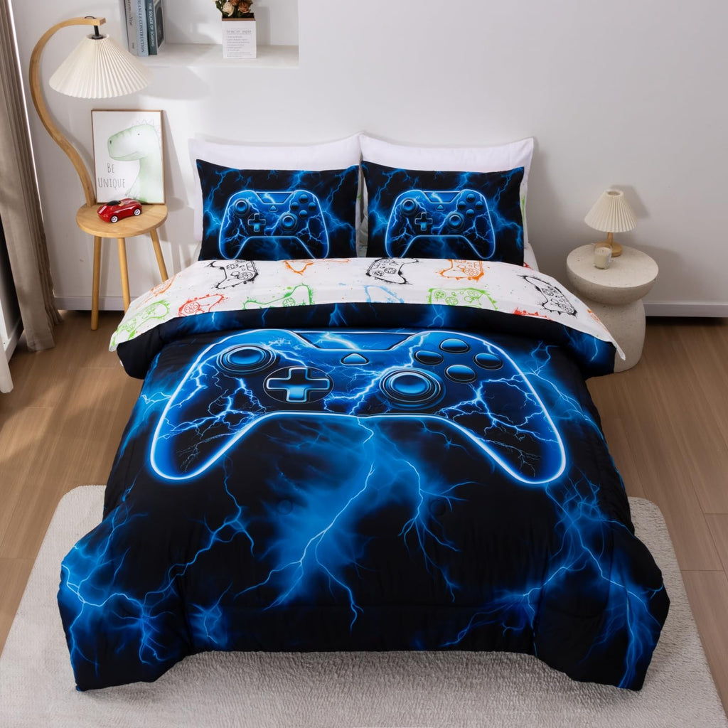 Meeting Story Gamer Comforter Set for Boys, 3D Game Controller Design Boys Twin Bedding Sets, 5 Pieces Gaming Bed Set for All Seasons, Lightweight Soft Twin Comforter Set(Blue)