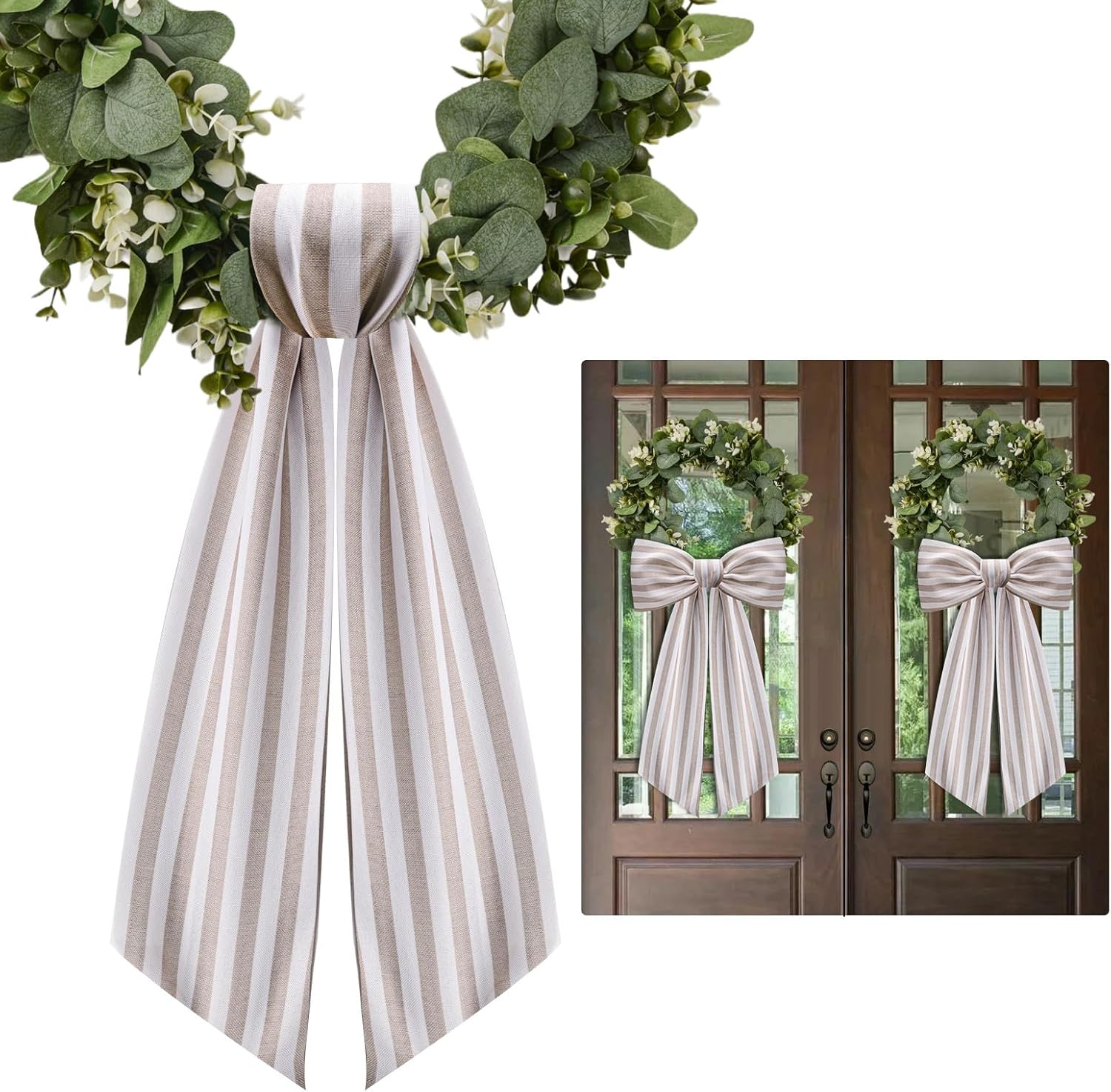 Skiennix Wreath Sash - Stylish Boxwood Garland Decor for Front Door | 2-Pack in Beige and White Stripe