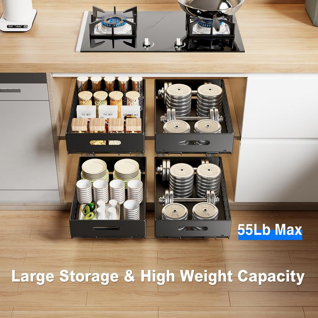 Mustorn Pull Out Cabinet Organizer - Heavy Duty Slide Out Drawers for Kitchen & Bathroom | 16.5"D x 11.8"W x 3.94"H - Black